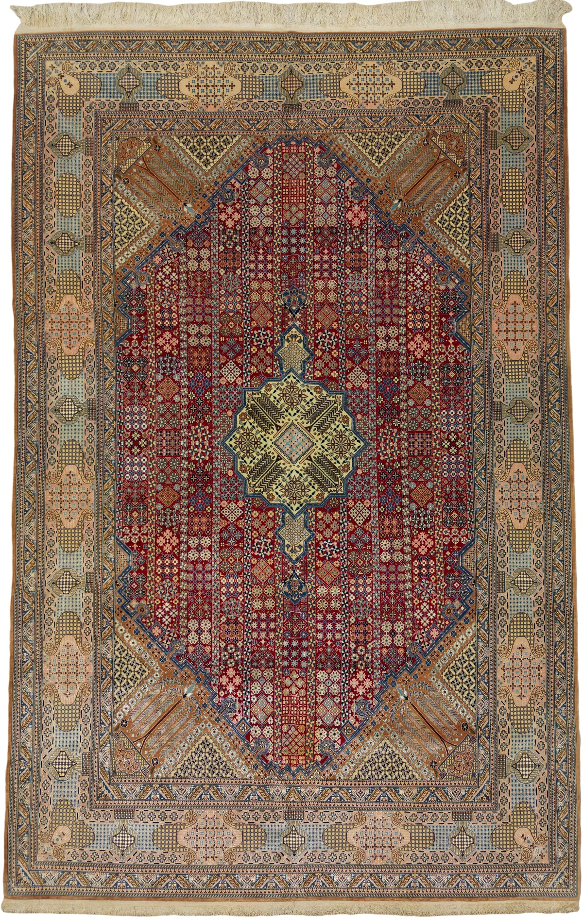 Persian Naeen Rug | 7' 3" X 11' 1" | Red & Beige Colours | Wool & Silk | Extremely Fine | Urban Production