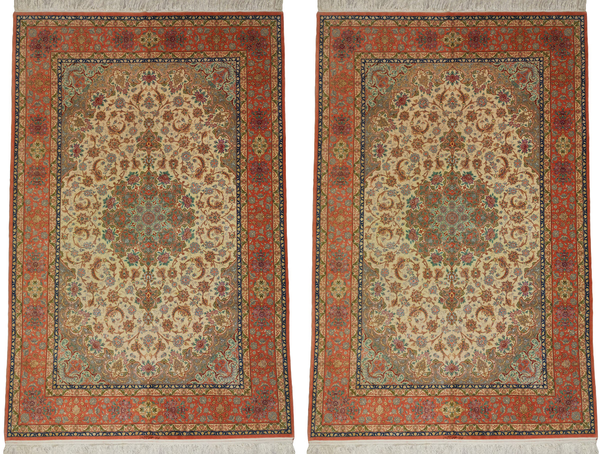 Persian Isfahan Rug Pair | 6' 8" X 10' 2" Each | Wool & Silk | Ivory and Peach Colours | Extremely Fine | Urban Production