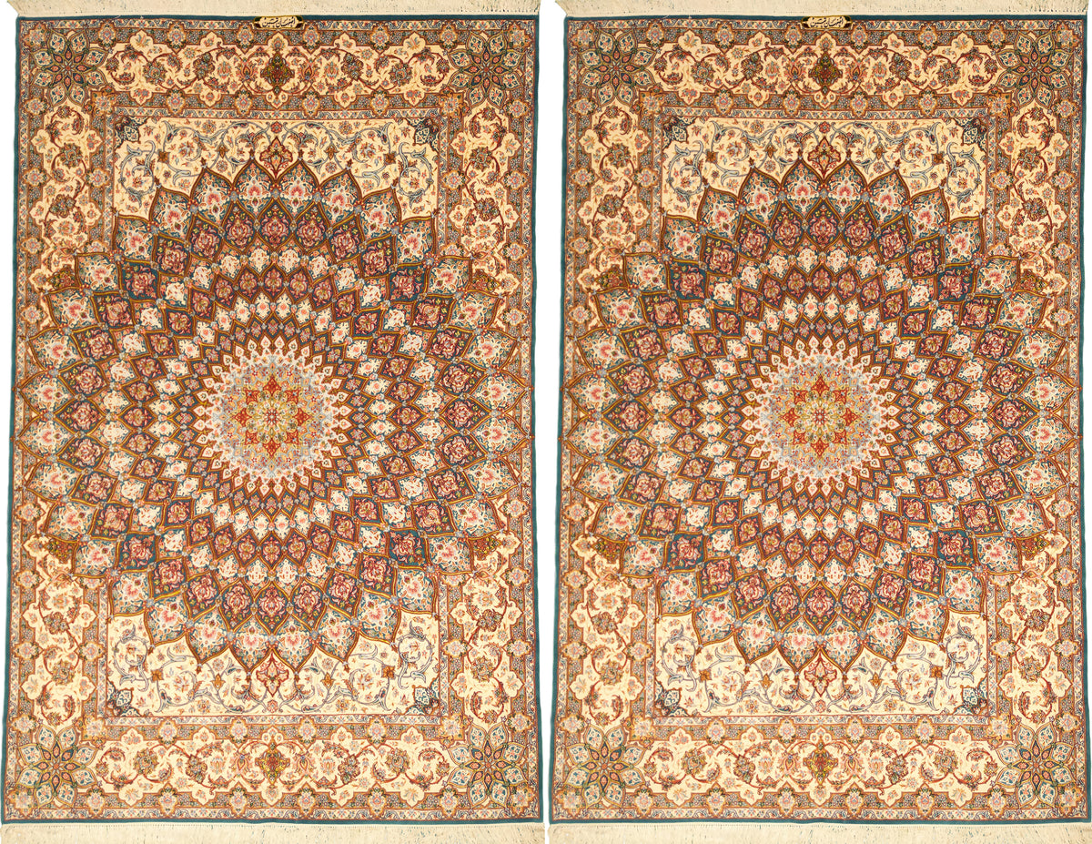 Persian Isfahan Rug Pair | 6' 8" X 10' 1" Each | Wool & Silk | Dome/Gonbad Design | Aqua & Ivory Colours | Extremely Fine | Urban Production
