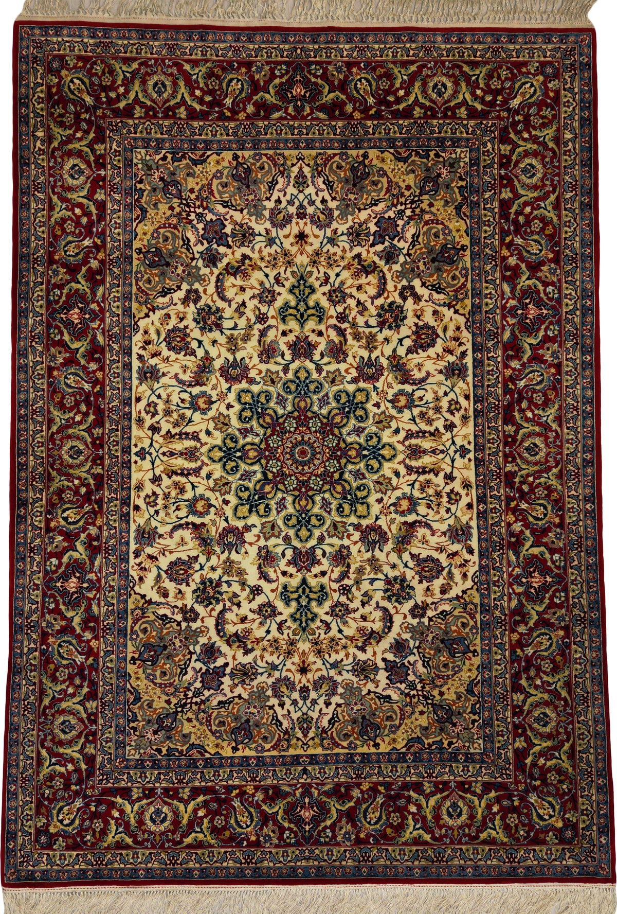 Persian Isfahan Rug Circa 1950 | 4' 10" X 6' 11" | Ivory & Red Colours | Extremely Fine | Urban Production