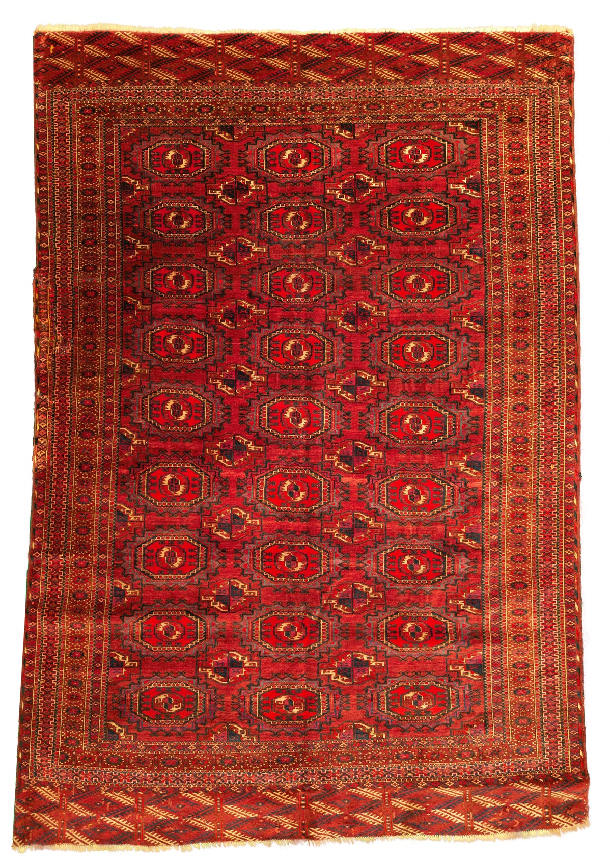 Antique Uzbekistanian Bokhara Circa 1920 | 5' 9" X 8' 5" | Geometric Design | Red & Black Colours | Repaired | Tribal Production