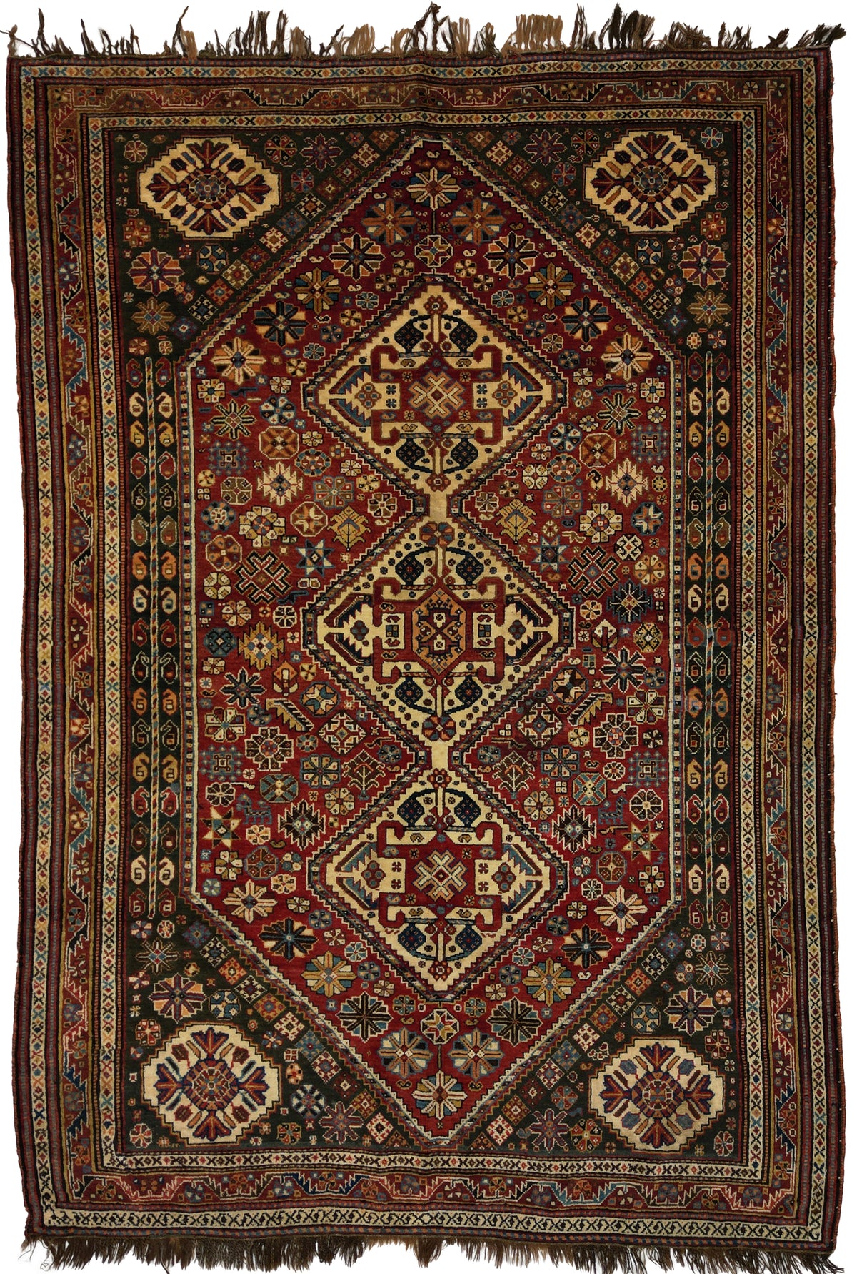 Antique Persian Shiraz Rug Circa 1920 | 5' 3" X 6' 11" | Geometric Design | Chestnut & Black Colours | Tribal Production