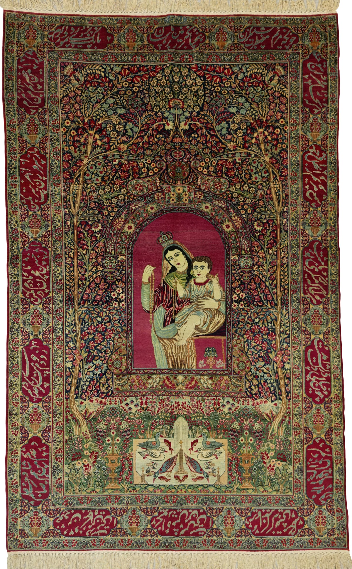 Antique Persian Kerman Ravar/Lavar Rug Circa 1880 | 4' 9" X 7' 8" | Madonna & Child Design | Navy-Blue & Red Colours | Extremely Fine | Urban Production
