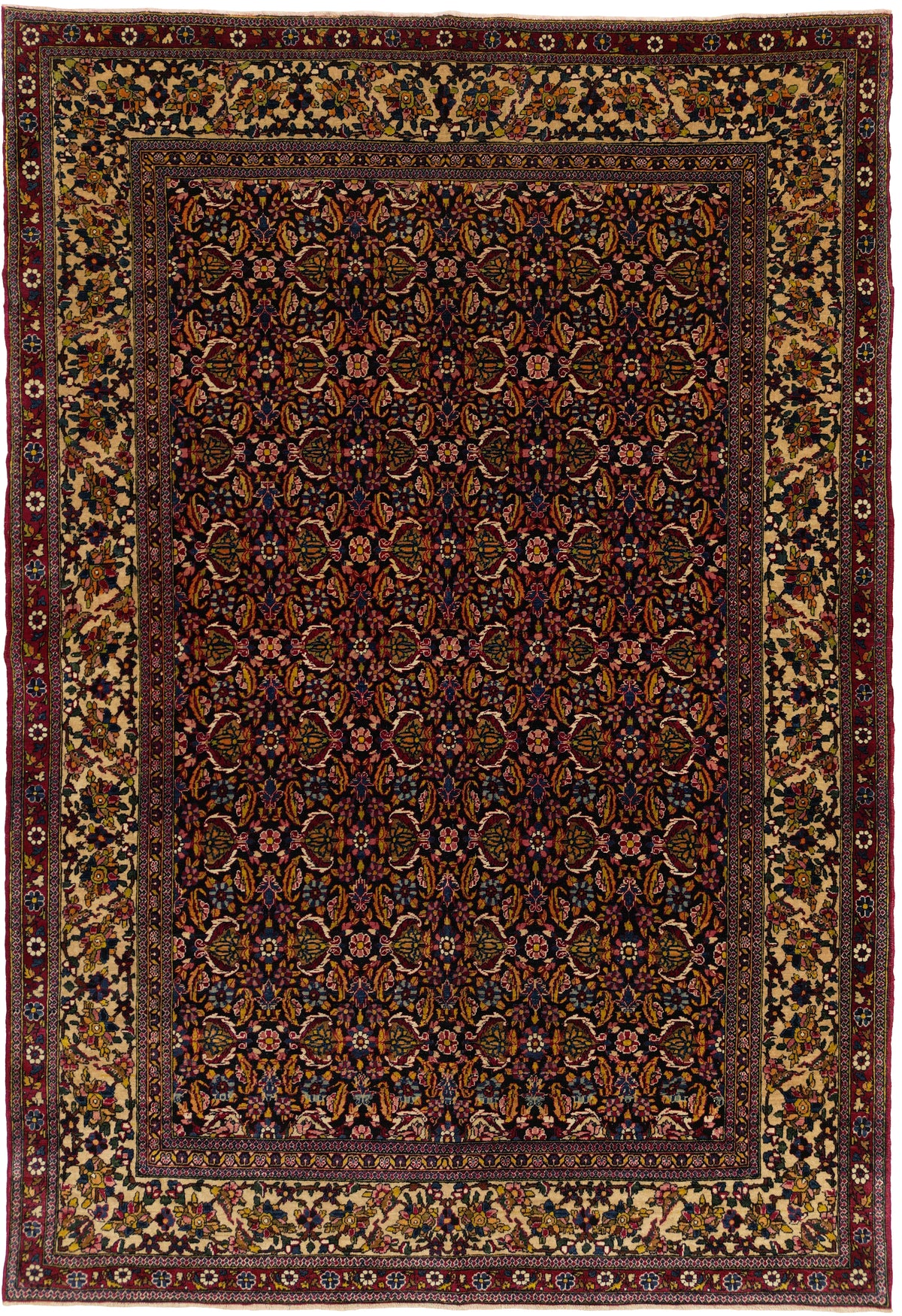 Antique Persian Isfahan Ahmad Rug Circa 1910 | 4' 9" X 6' 9" | Floral Allover Design | Navy Blue & Ivory Colours | Extremely Fine | Urban Production