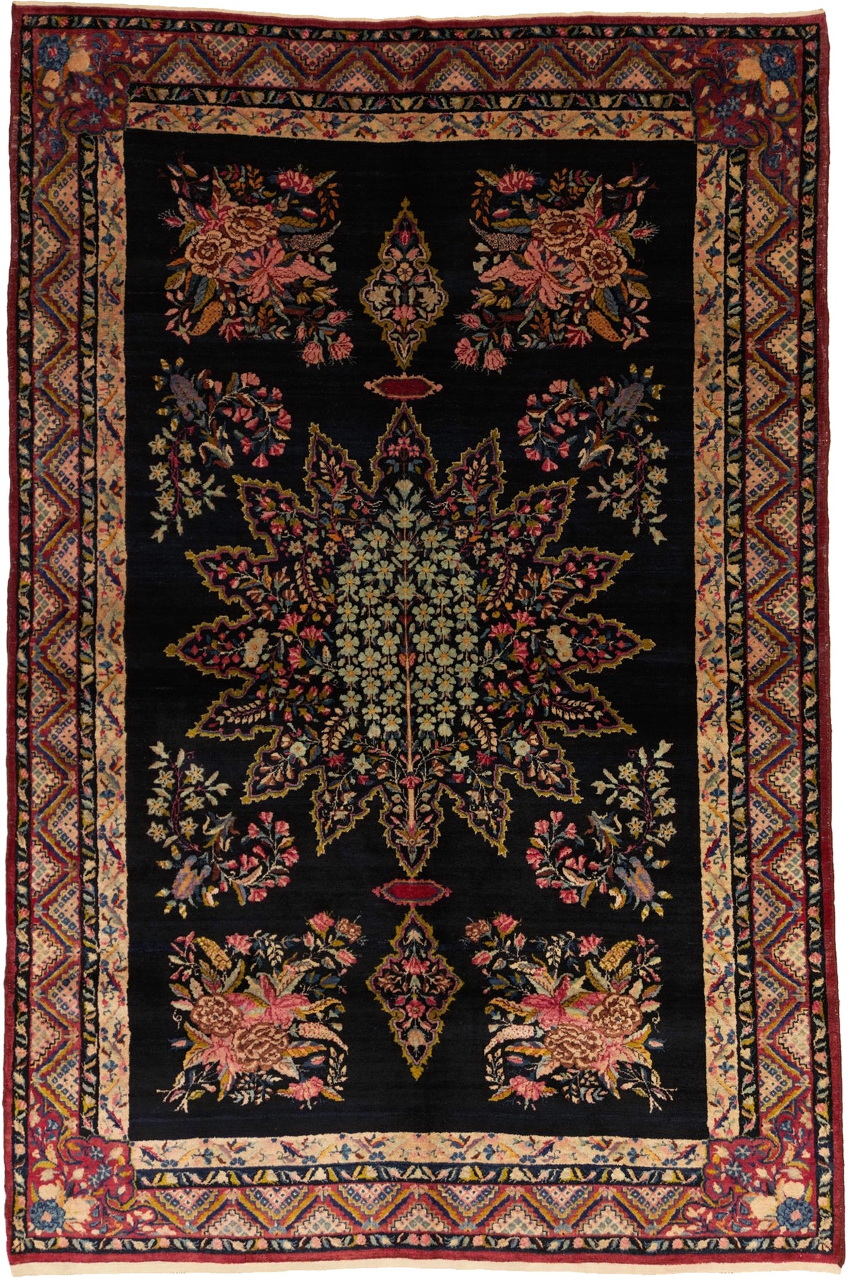 Antique Persian Kerman Lavar Rug Circa 1900 | 4' 8" X 6' 11" | Floral Design | Navy-Blue & Purple Colours | Finely Woven | Urban Production