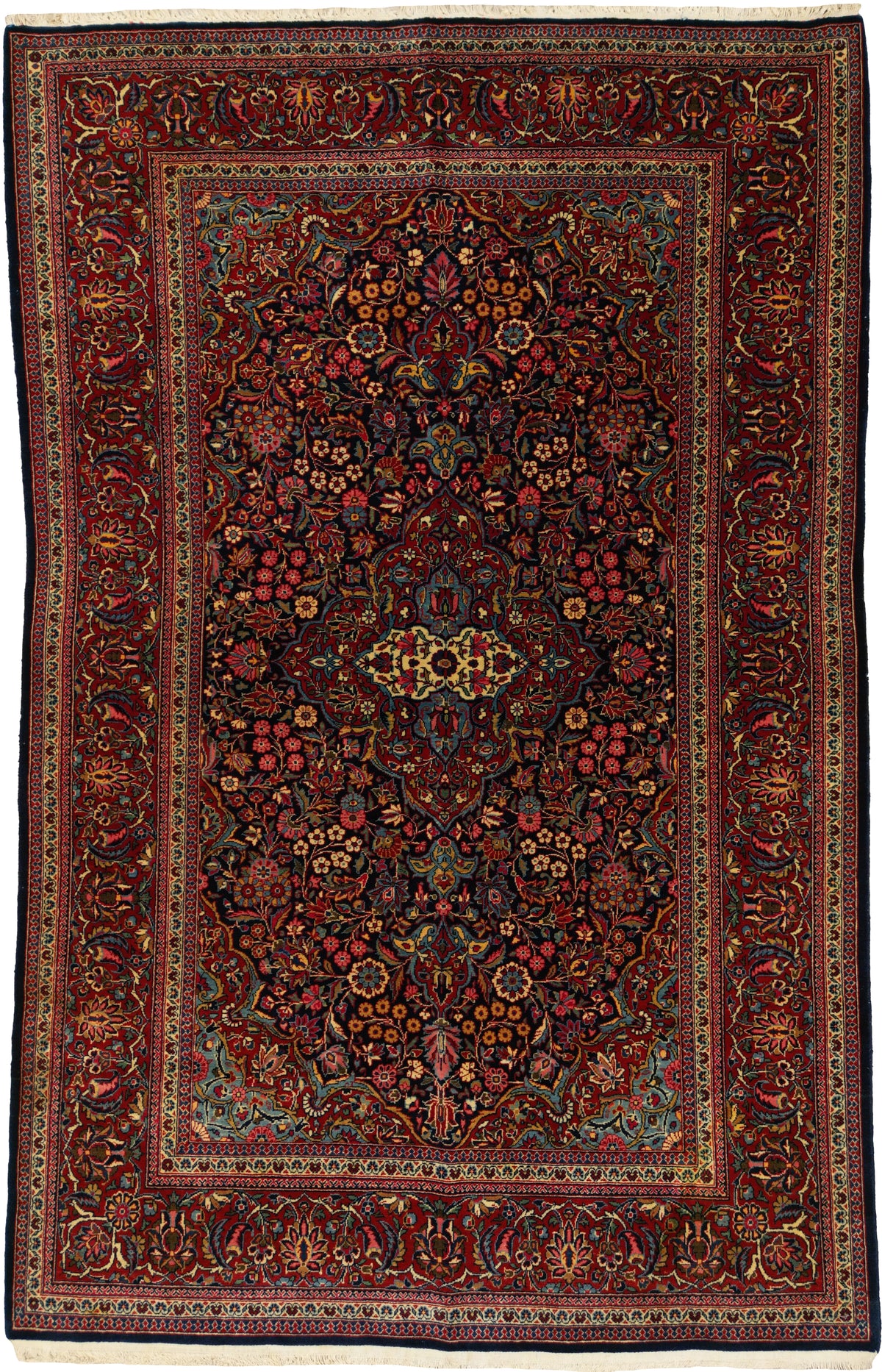 Antique Persian Kashan Rug Circa 1930 | 4' 4" X 6' 8" | Floral Design | Navy-Blue & Red Colours | Finely Woven | Urban Production