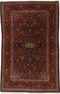 Antique Persian Kashan Rug Circa 1930 | 4' 4" X 6' 8" | Floral Design | Navy-Blue & Red Colours | Finely Woven | Urban Production