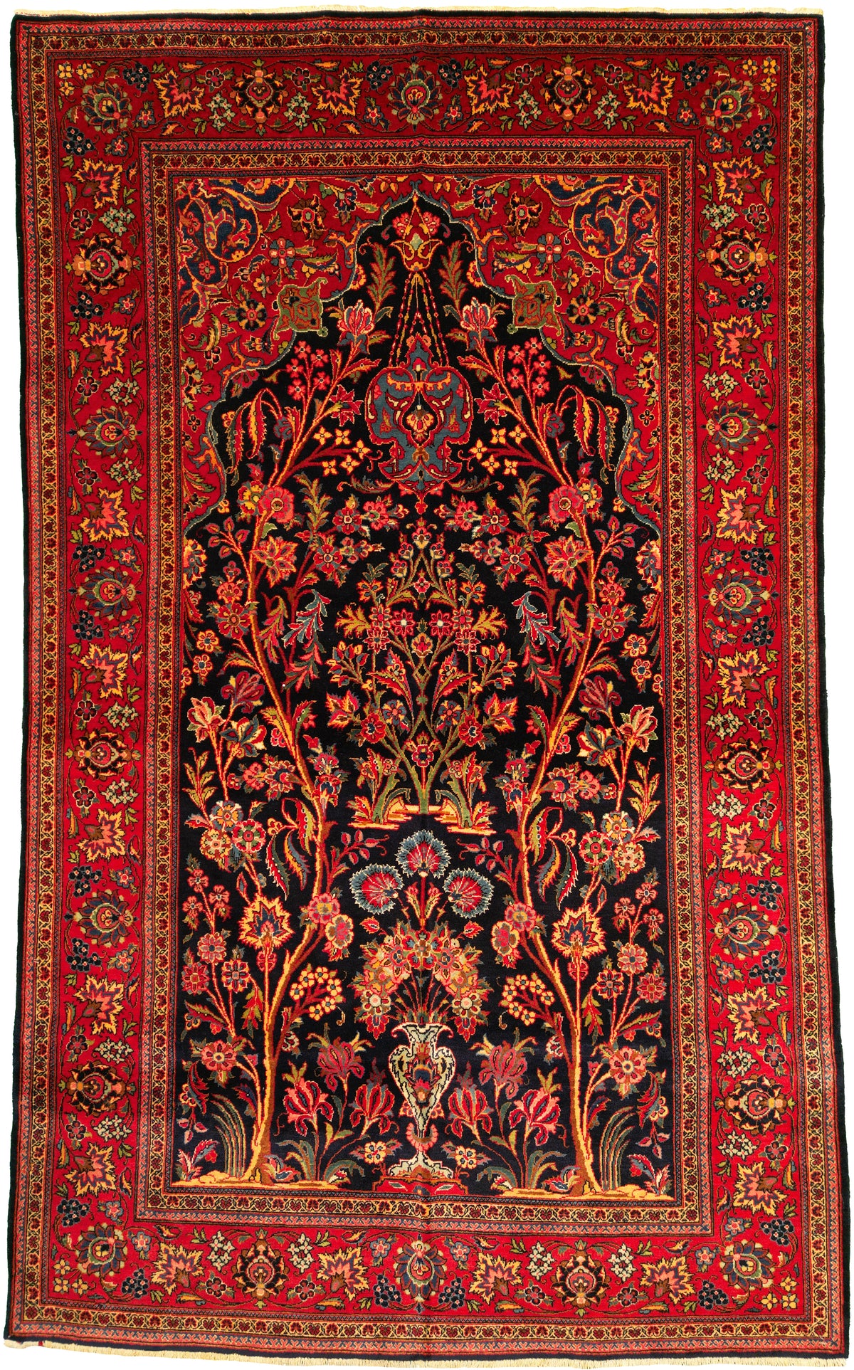 Antique Persian Kashan Rug Circa 1930 | 4' 2" X 6' 11" | Tree of Life Design | Navy-Blue & Red Colours | Finely Woven | Urban Production