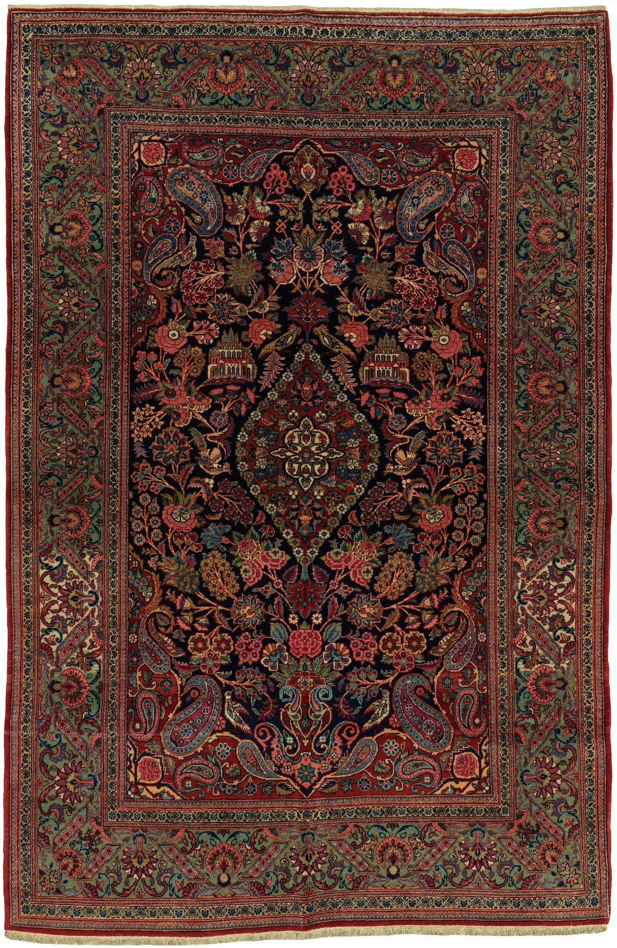 Antique Persian Kashan Rug Circa 1930 | 4' 4" X 6' 6" | Floral Design | Midnight-Blue & Green Colours | Finely Woven | Urban Production