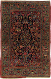 Antique Persian Kashan Rug Circa 1930 | 4' 4" X 6' 6" | Floral Design | Midnight-Blue & Green Colours | Finely Woven | Urban Production