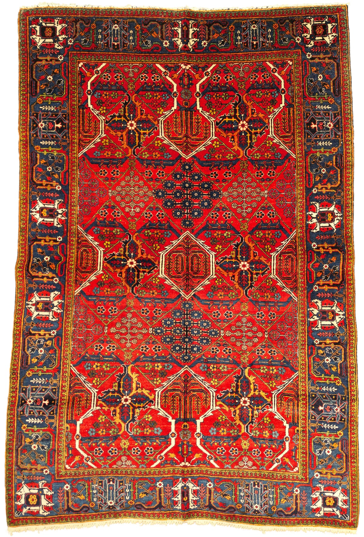 Antique Persian Meymeh Rug Circa 1920 | 4' 4" X 6' 6" | Geometric Design | Red & Blue Colours | Finely Woven | Tribal Production