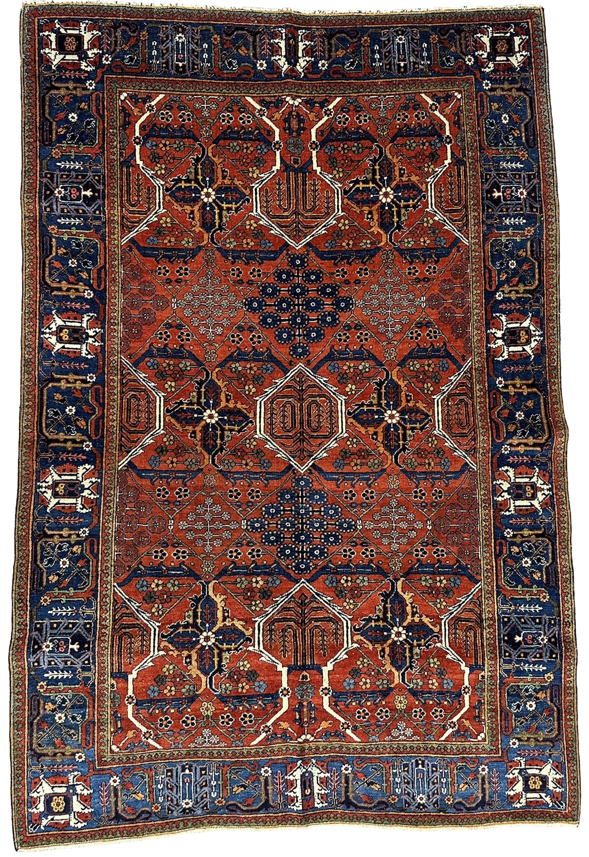 Antique Persian Meymeh Rug Circa 1920 | 4' 4" X 6' 6" | Geometric Design | Red & Blue Colours | Finely Woven | Tribal Production