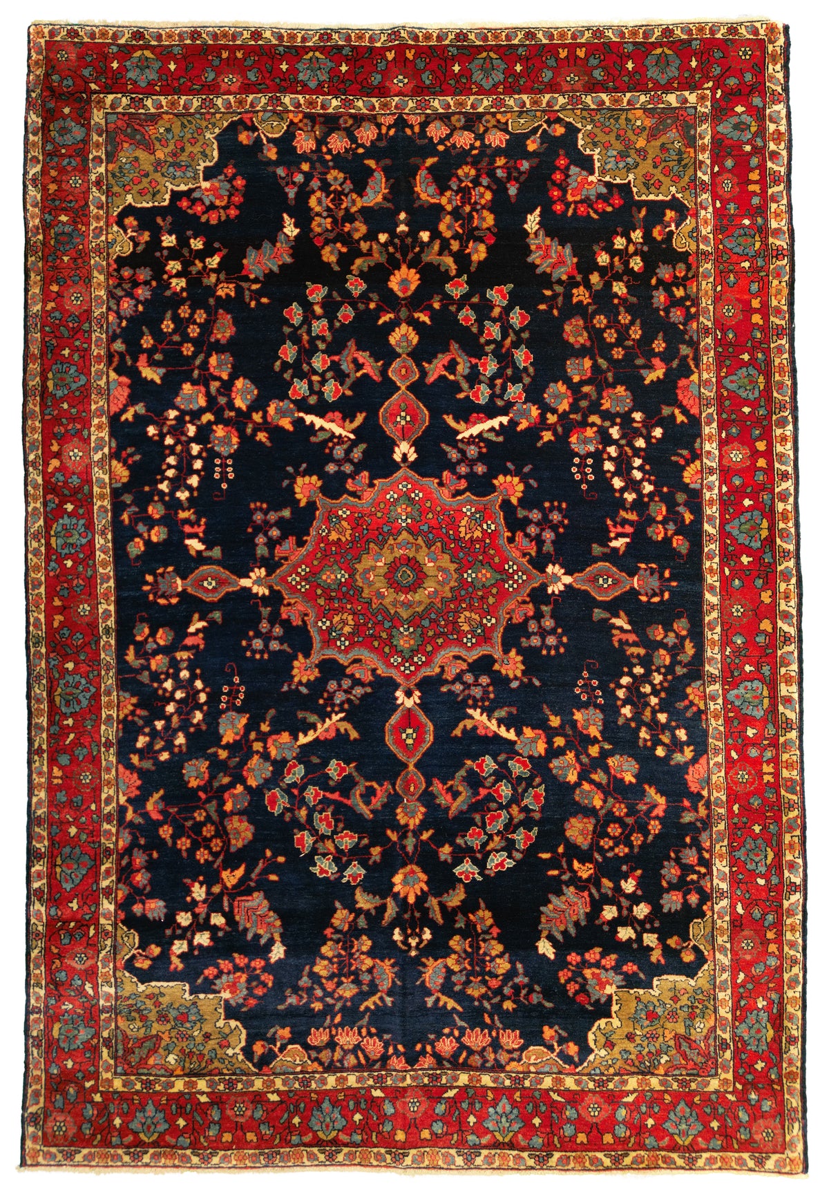 Antique Persian Sarough Rug Circa 1920 | 4' 7" X 6' 8" | Floral Design | Navy-Blue & Red Colours | Finely Woven | Urban Production