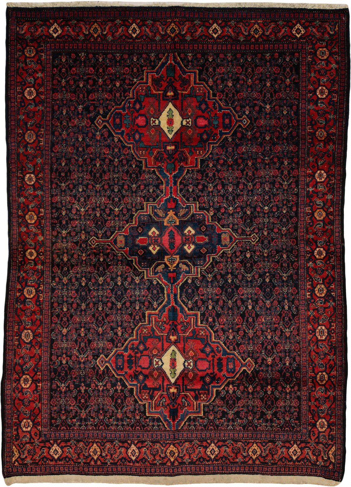 Antique Persian Senneh Rug Circa 1920 | 4' 3" X 6' 7" | Geometric Design | Navy-Blue & Red Colours | Tribal Production