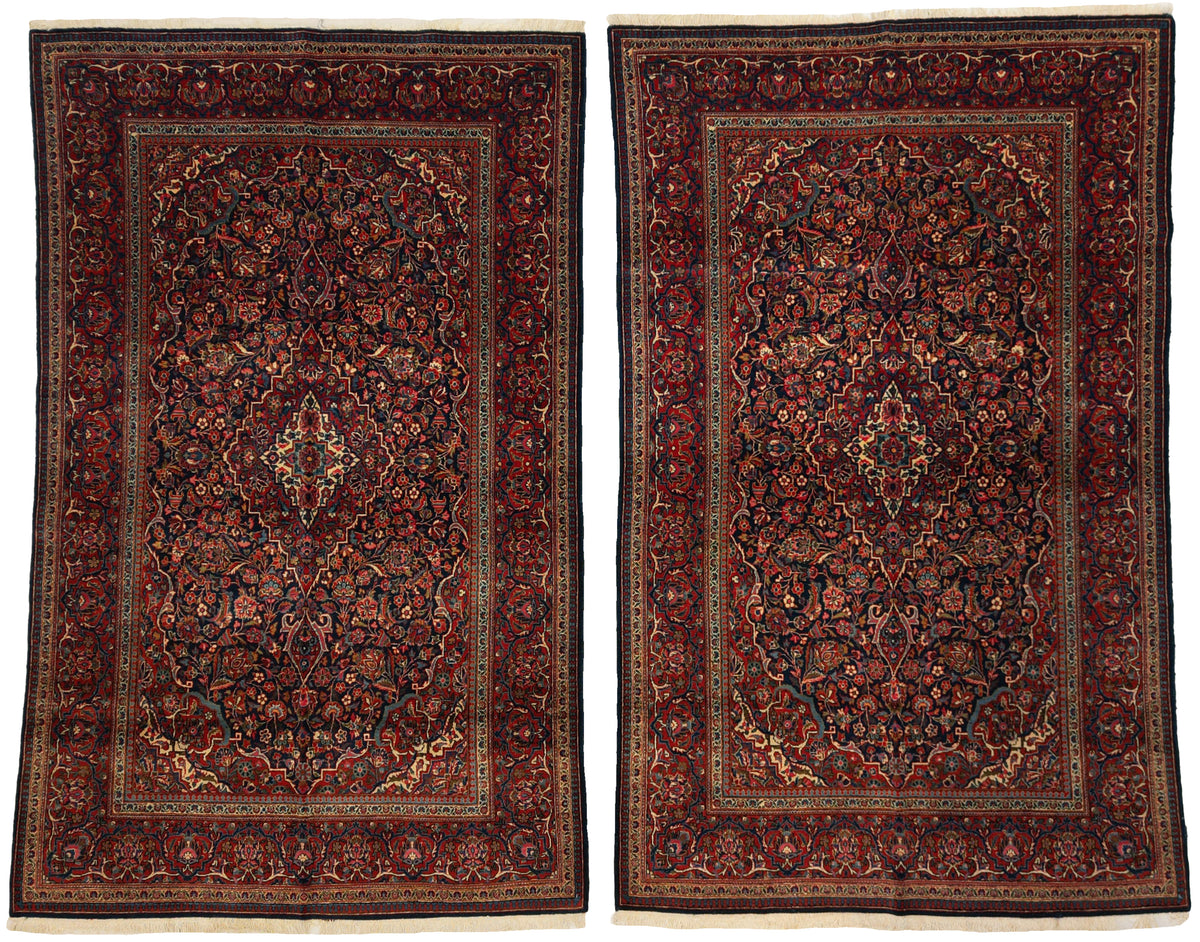Antique Persian Kashan Rug Pair Circa 1930 | 4' 4" X 7' 0" Each | Floral Design | Navy-Blue & Red Colours | Finely Woven | Urban Production
