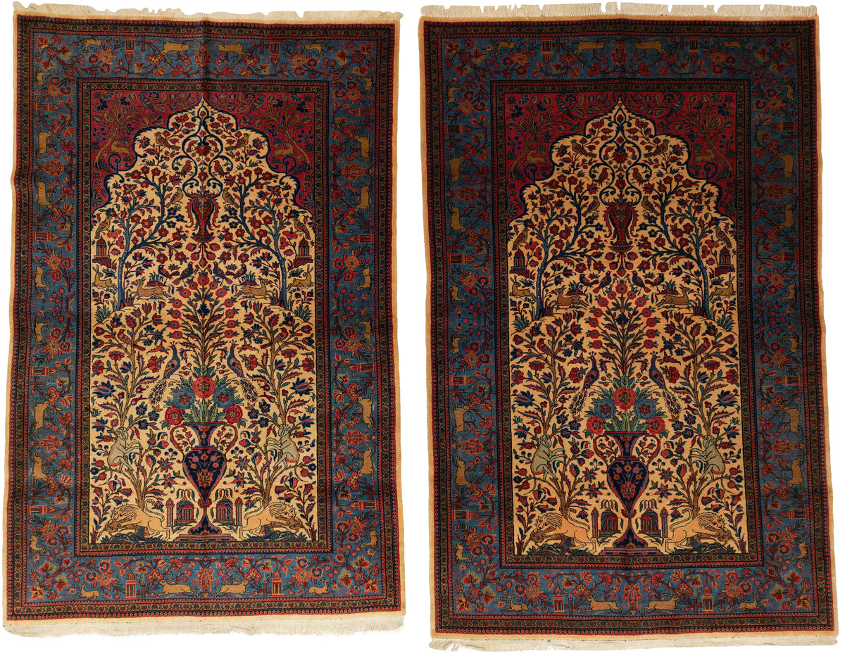 Antique Persian Kashan Rug Pair Circa 1920 | 4' 3" X 6' 7" & 4' 4" X 6' 9" | Tree of Life Design | Beige & Blue Colours | Finely Woven | Urban Production
