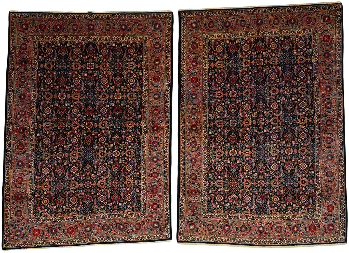 Antique Persian Tabriz Rug Pair Circa 1930 | 4' 7" X 6' 5" & 4' 7" X 6' 7" | Herati Design | Navy-Blue & Salmon Colour | Finely Woven | Urban Production