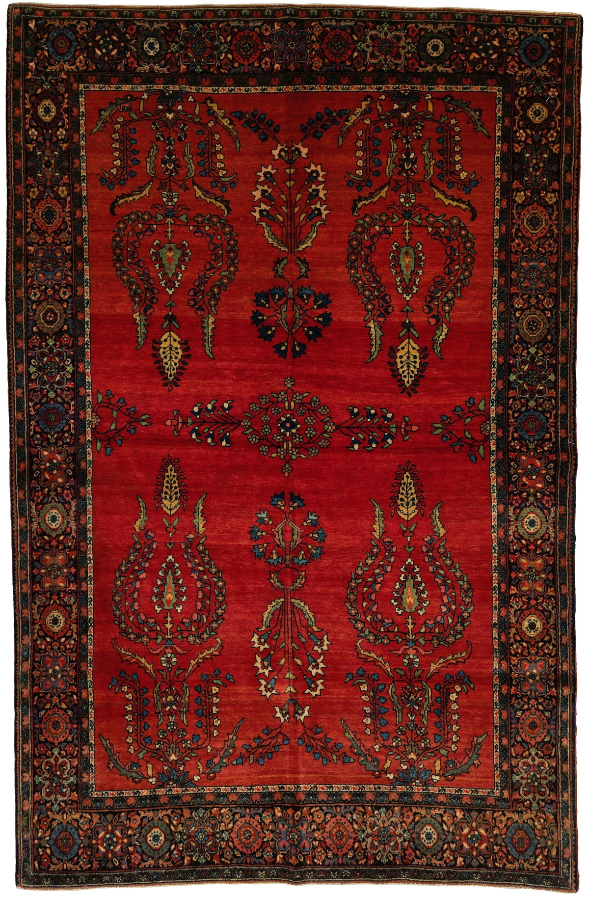 Antique Persian Sarouk Farahan Rug Circa 1910 | 4' 3" X 6' 7" | Floral Design | Red & Black Colours | Finely Woven | Urban Production