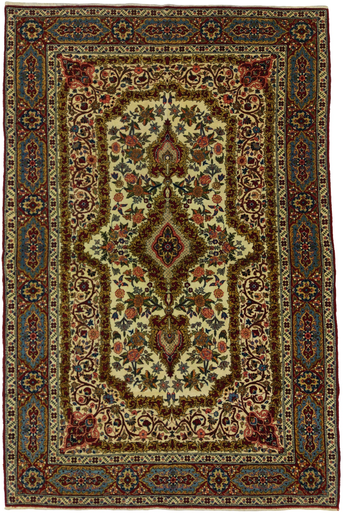 Vintage Persian Qom Rug Circa 1950 | 4' 8" X 6' 11" | Floral Design | Ivory & Blue Colours | Finely Woven | Urban Production