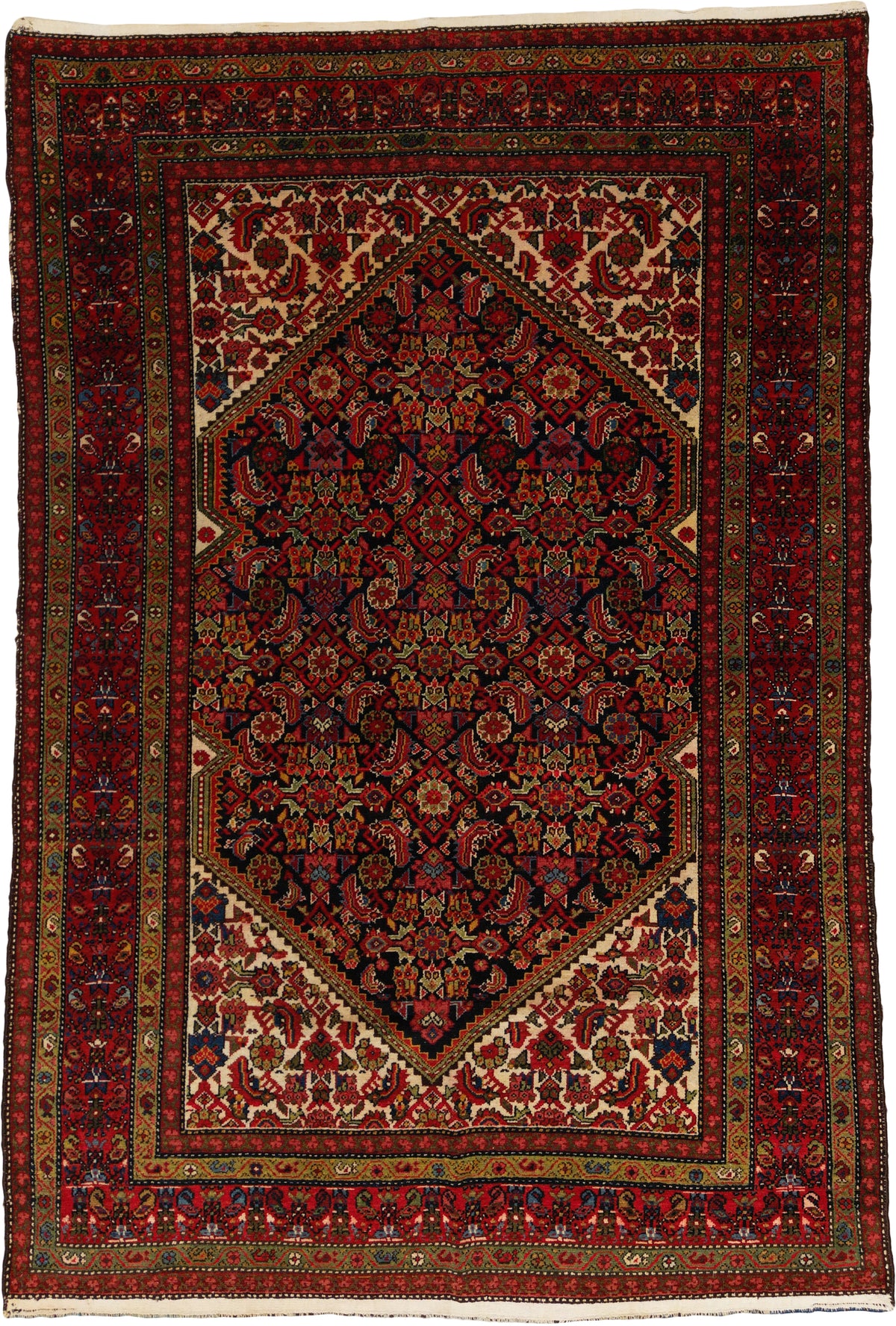 Antique Persian Malayer Rug Circa 1910 | 4' 2" X 6' 2" | Geometric Design | Navy-Blue & Red Colours | Finely Woven | Tribal Production
