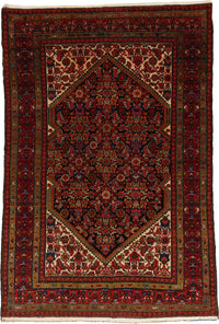 Antique Persian Malayer Rug Circa 1910 | 4' 2" X 6' 2" | Geometric Design | Navy-Blue & Red Colours | Finely Woven | Tribal Production