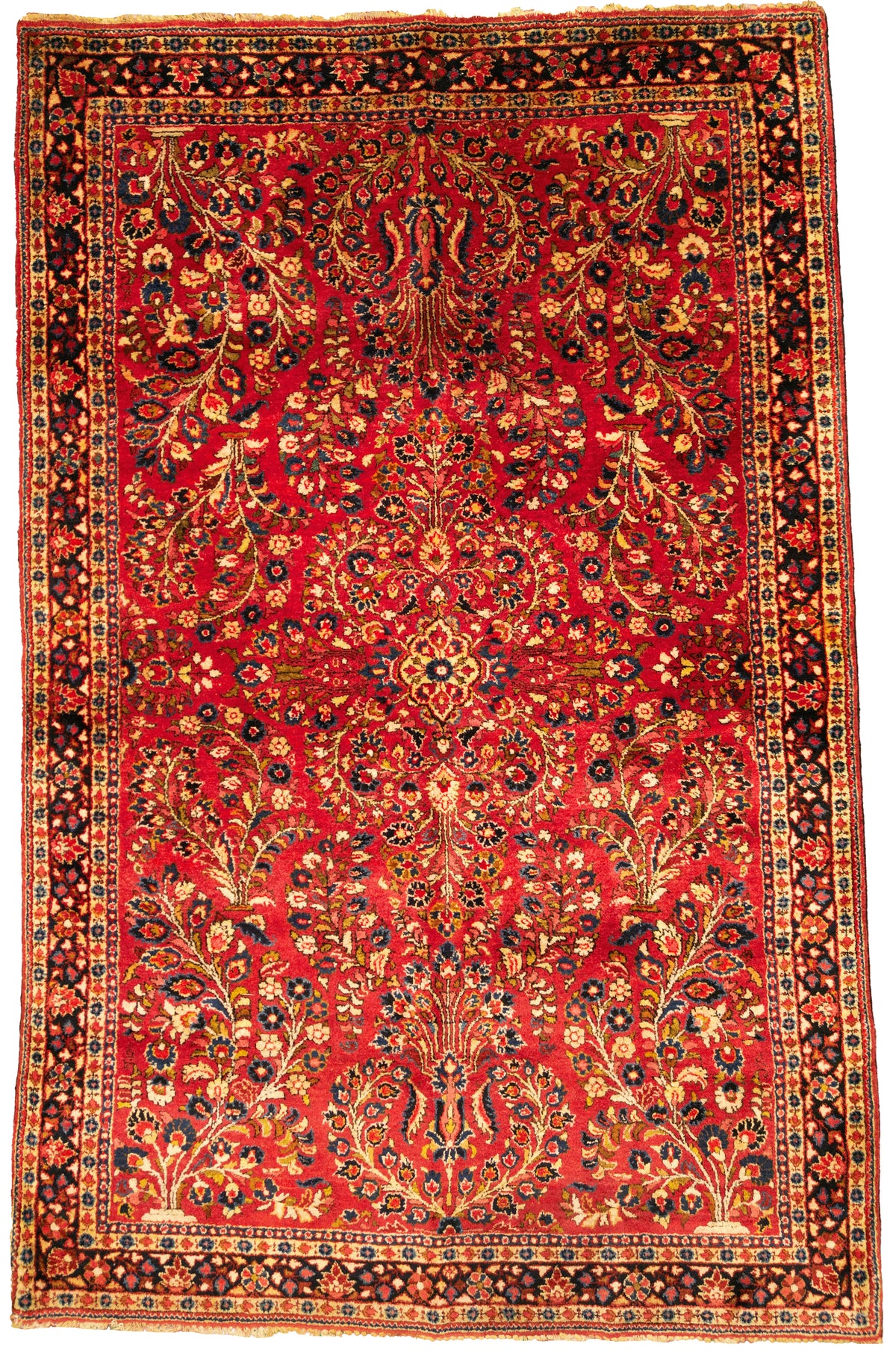 Antique Persian American Sarough Circa 1930 | 4' 2" X 6' 4" | Floral Design | Burgundy & Black Colours | Finely Woven | Urban Production
