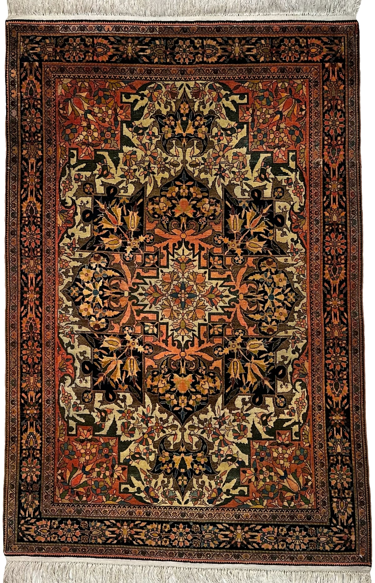 Antique Persian Sarouk Farahan Rug Circa 1890 | 3' 3" X 4' 11" | Geometric Design | Beige & Orange Colours | Extremely Fine | Urban Production