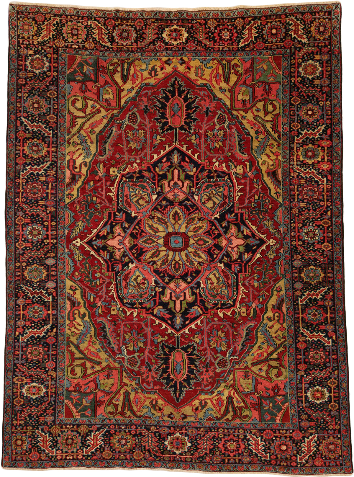 Antique Persian Heriz Rug Circa 1930 | 8' 1" X 10' 11" | Red & Black Colours | Tribal Production