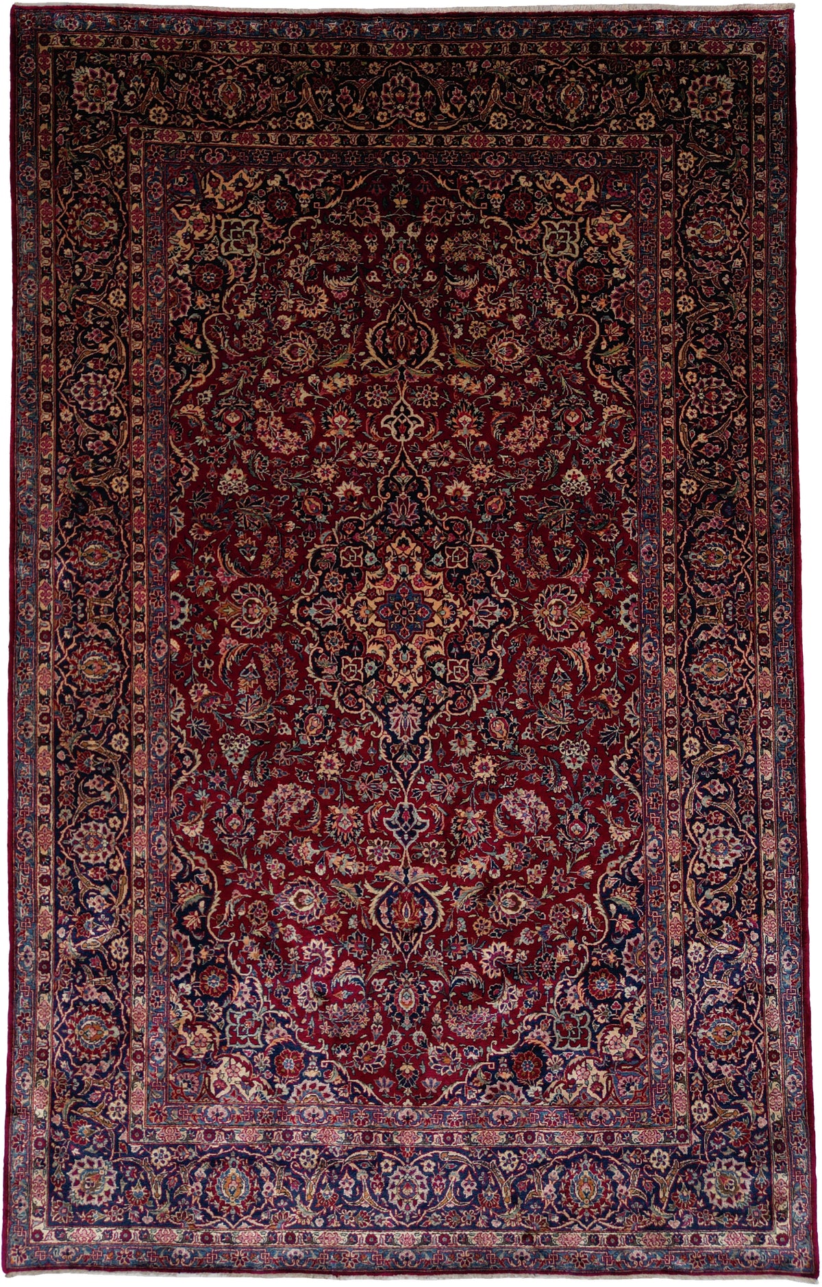 Antique Persian Kashan Rug Circa 1930 | 4' 5" X 6' 11" | Floral Design | Burgundy & Navy-Blue Colours | Pure Silk | Extremely Fine | Urban Production