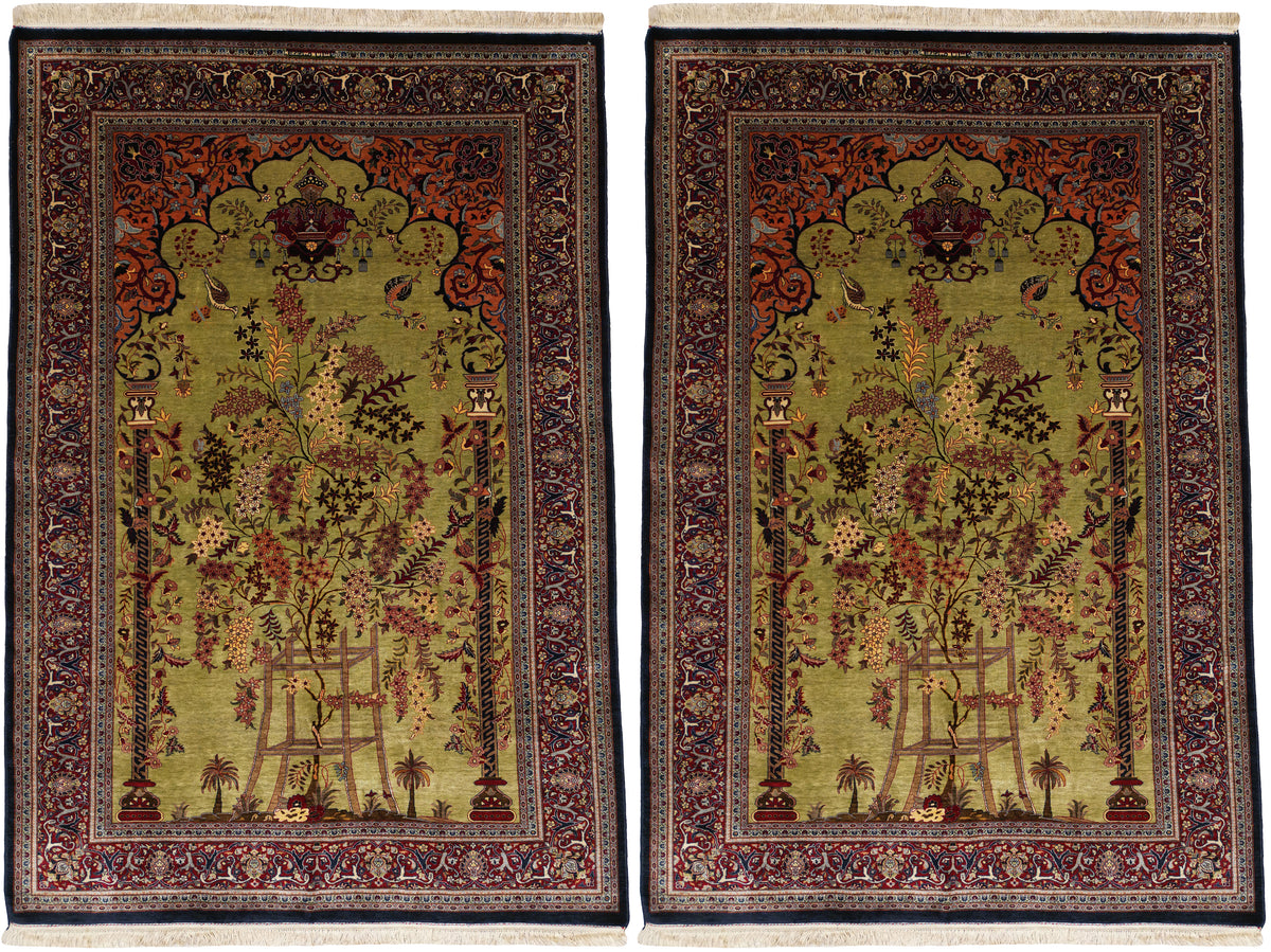 Kashan Rug Pair Reproduction | 4' 7" X 6' 6" Each | Pistachio Colour | Tree of Life Design | Pure Silk | Extremely Fine | Urban Production