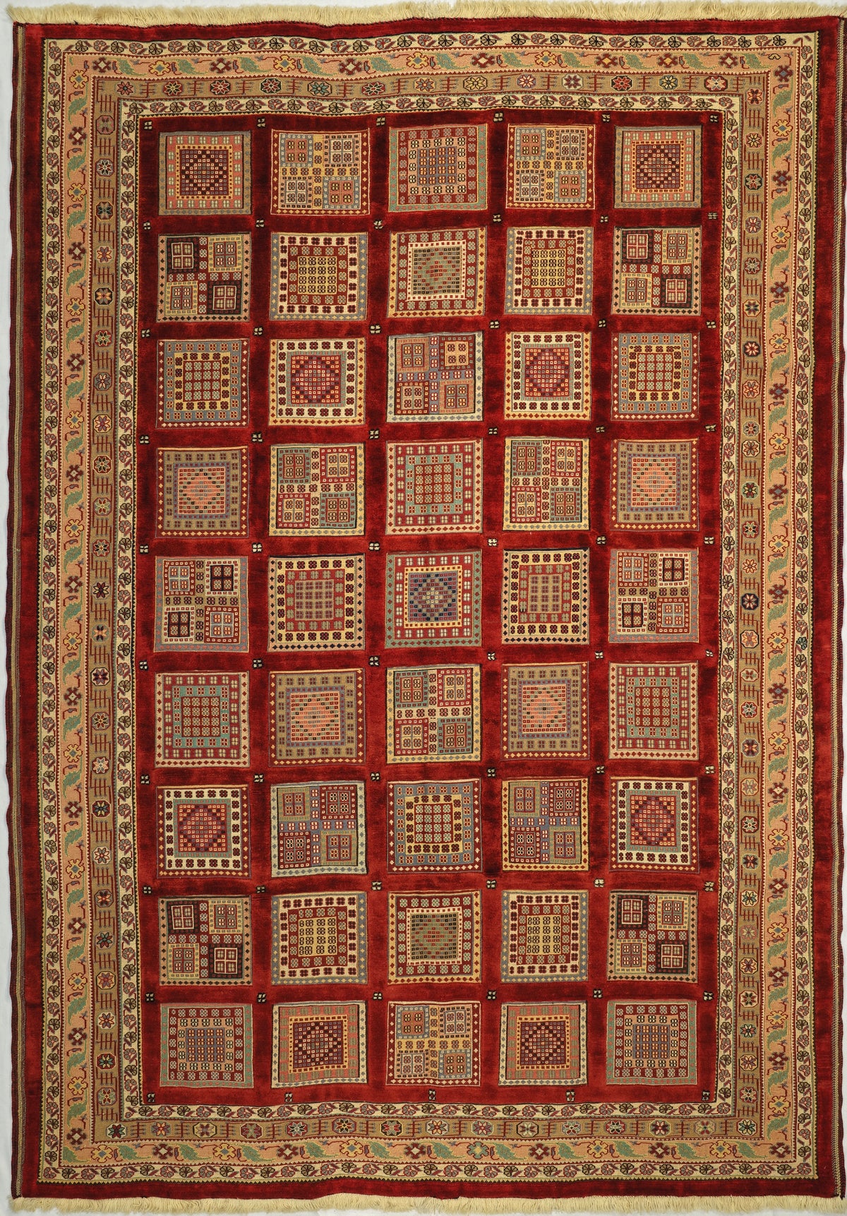 Persian Shiraz Carpet Kilim Rug | 6' 10" X 9' 8" | Panel Design | Red & Beige Colours | Tribal Production