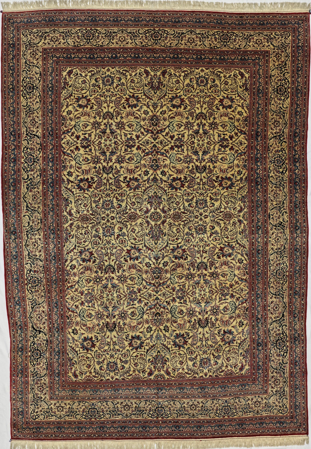 Vintage Persian Nain Tudeshk Rug Circa 1950 | 7' 3" X 10' 3" | Ivory & Blue Colours | Extremely Fine | Urban Production