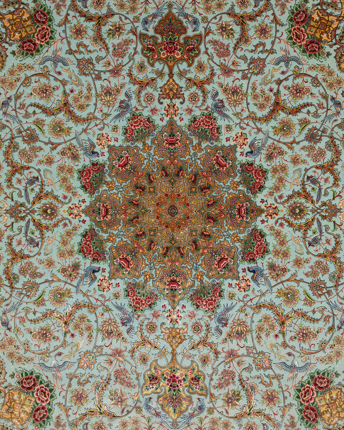 Persian Isfahan Rug | 8' 2" X 12' 2" |Wool & Silk | Extremely Fine | Light Blue & Peach Colours |Floral Medallion Design | Urban Production