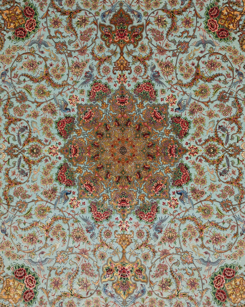 Persian Isfahan Rug | 8' 2" X 12' 2" |Wool & Silk | Extremely Fine | Light Blue & Peach Colours |Floral Medallion Design | Urban Production