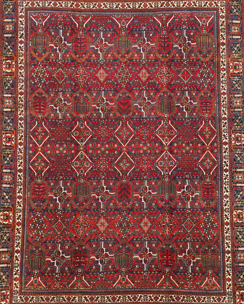 Vintage Persian Meymeh Rug Circa 1950 | 9' 1" X 12' 4" | Red Colour | Allover Geometric Design | Tribal Production