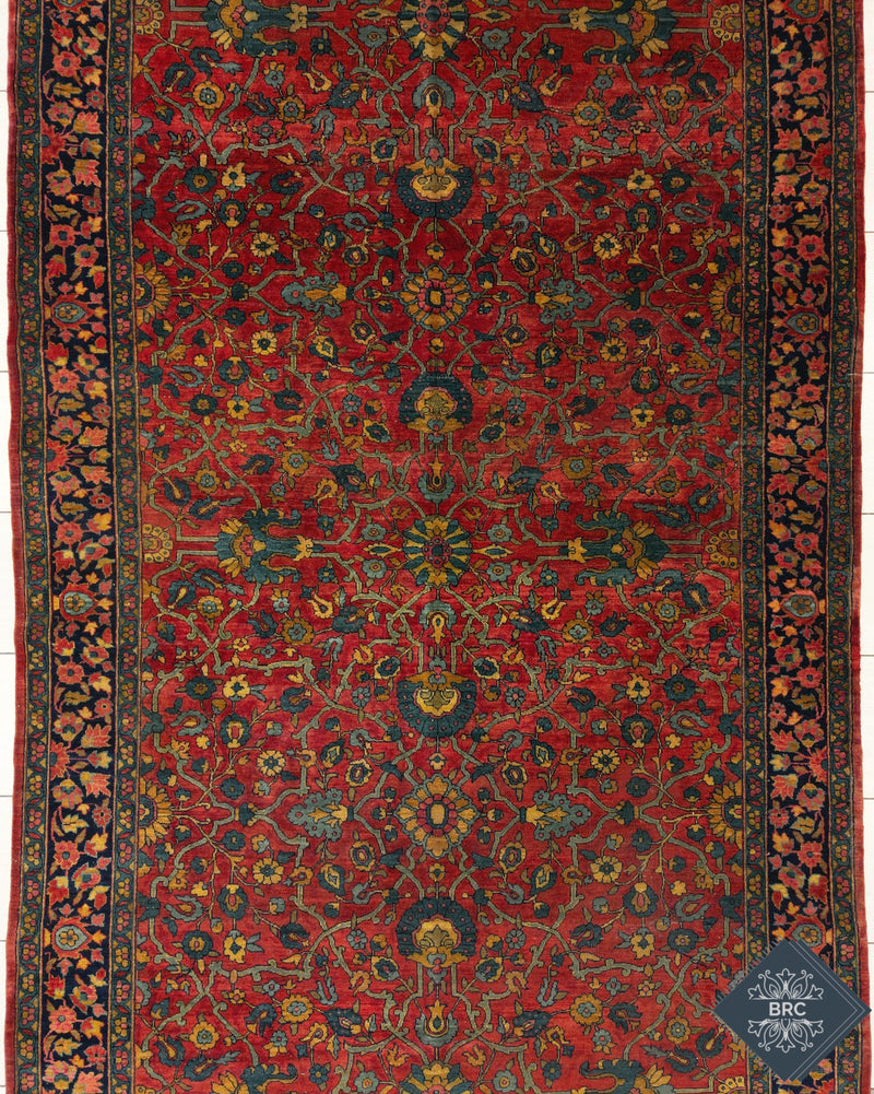 Antique Persian Sarouk Rug Circa 1920 | 5' 11" X 13' 4" | Floral Design | Crimson & Black Colours with Teal Accents | Urban Production