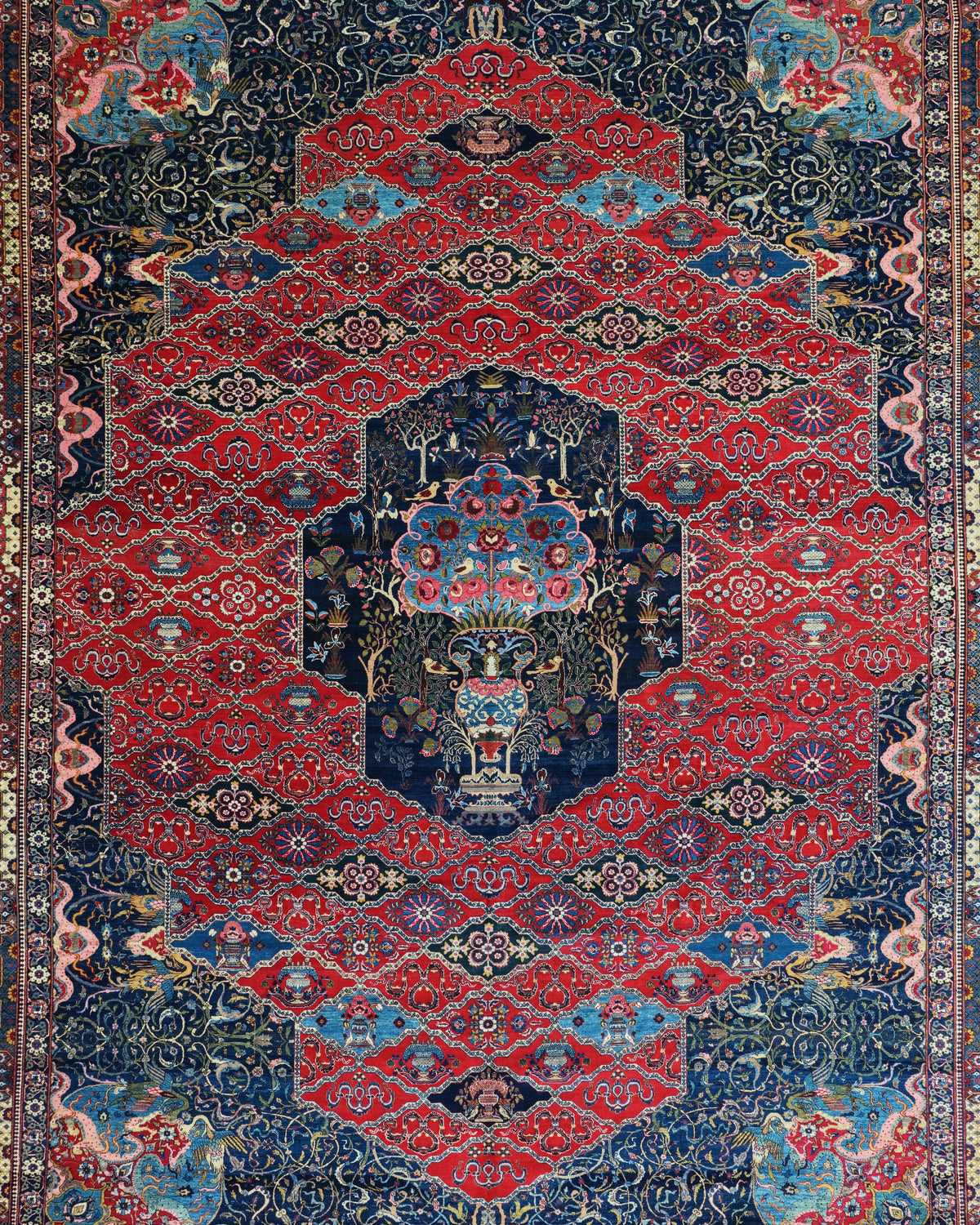 Antique Persian Bakhtiar Rug Circa 1920 | 10' 10" X 14' 1" |  Red & Midnight Blue Colours | Tribal Production