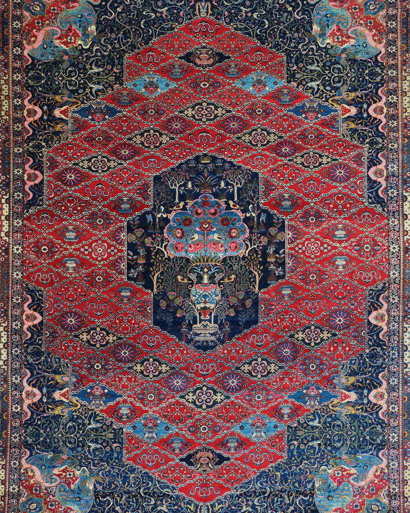 Antique Persian Bakhtiar Rug Circa 1920 | 10' 10" X 14' 1" |  Red & Midnight Blue Colours | Tribal Production