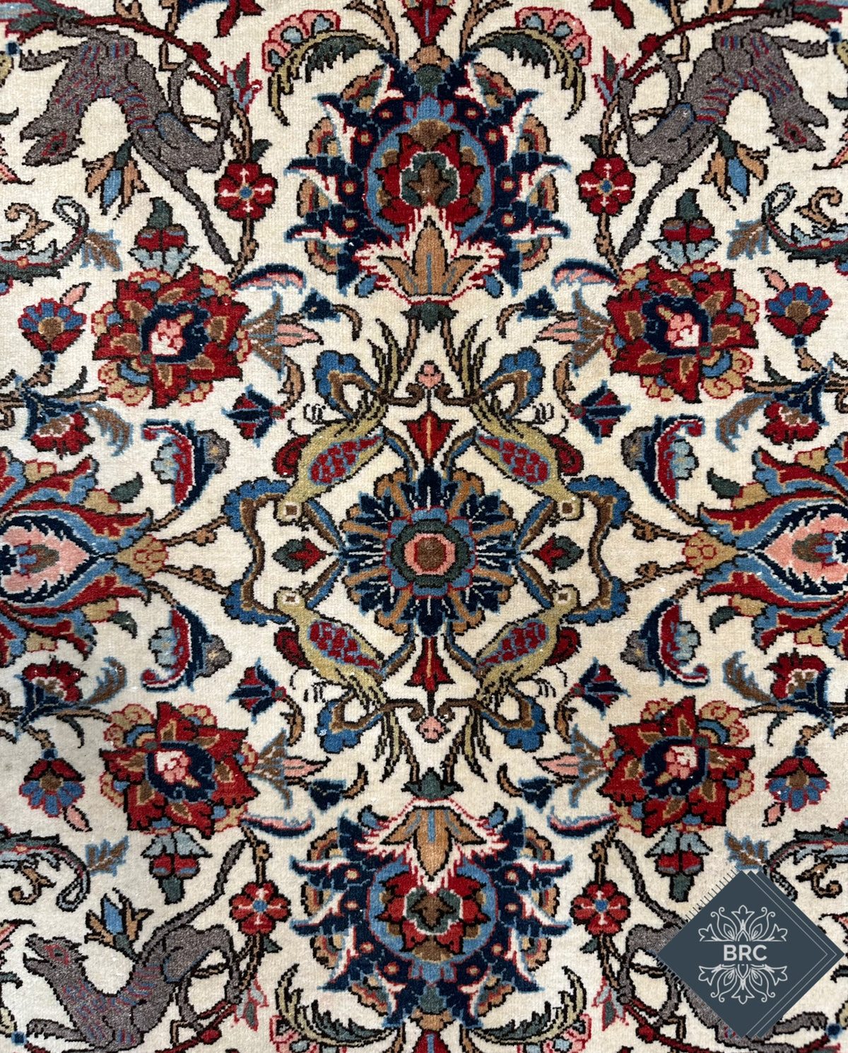 Vintage Persian Qom Rug Circa 1960 | 4' 4" X 6' 8" | Floral Design | Ivory & Red Colours | Finely Woven | Urban Production