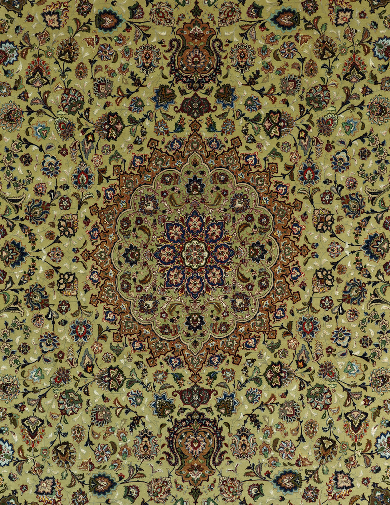 Vintage Persian Tabriz Faraji Rug Circa 1970 | 9' 10" X 13' 9" | Olive Green & Orange Colours | Floral Medallion Design | Urban Production