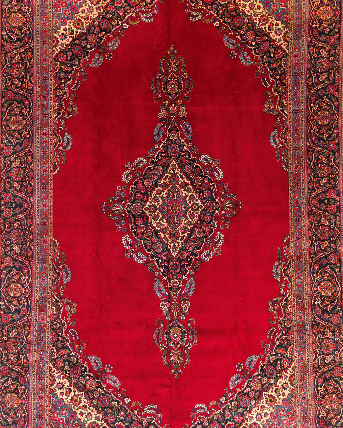 Vintage Persian Kashan Rug Circa 1950 | 10' 3" X 15' 7" | Large Size | Open-Field Design | Red & Navy-Blue Colours | Urban Production