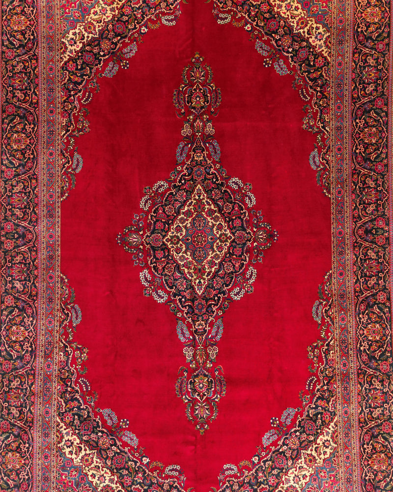 Vintage Persian Kashan Rug Circa 1950 | 10' 3" X 15' 7" | Large Size | Open-Field Design | Red & Navy-Blue Colours | Urban Production
