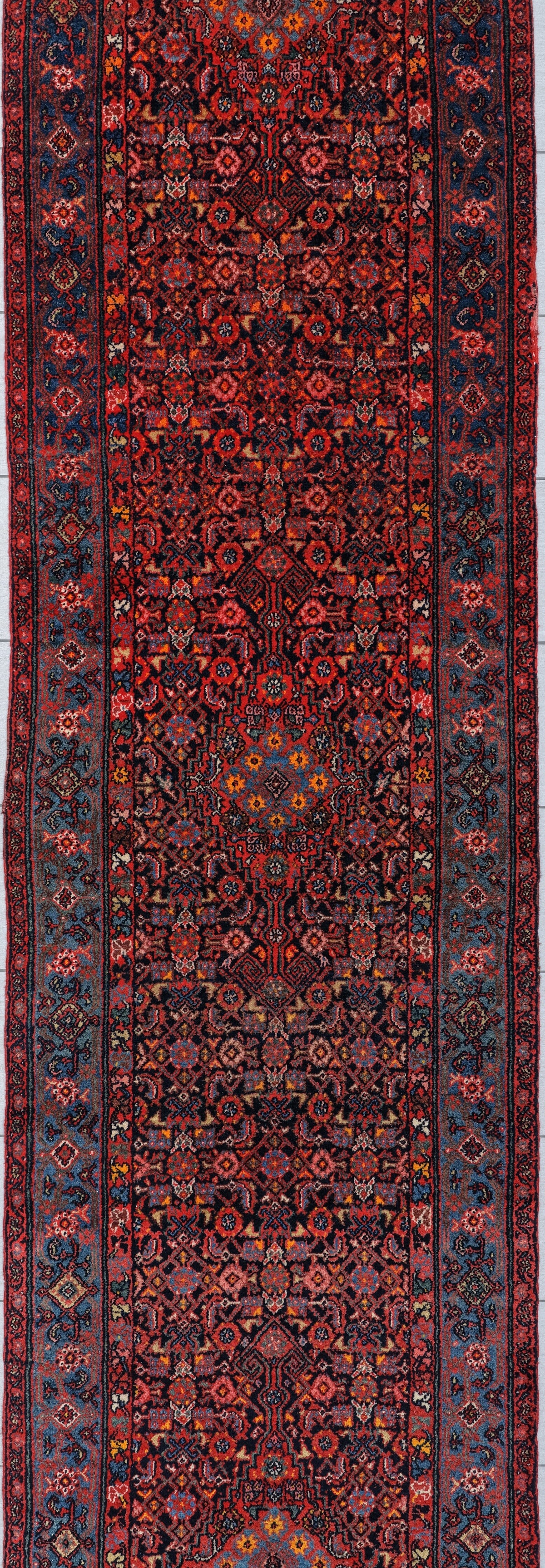 Antique Malayer Runner Circa 1930 | 3' 2" X 16' 11" | Red & Blue Colours | Geometric Design | Tribal Production