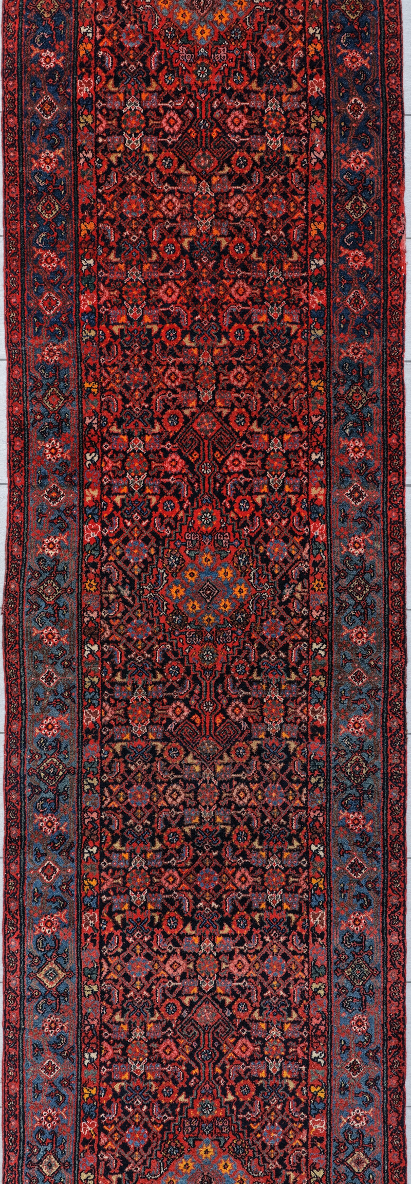 Antique Malayer Runner Circa 1930 | 3' 2" X 16' 11" | Red & Blue Colours | Geometric Design | Tribal Production