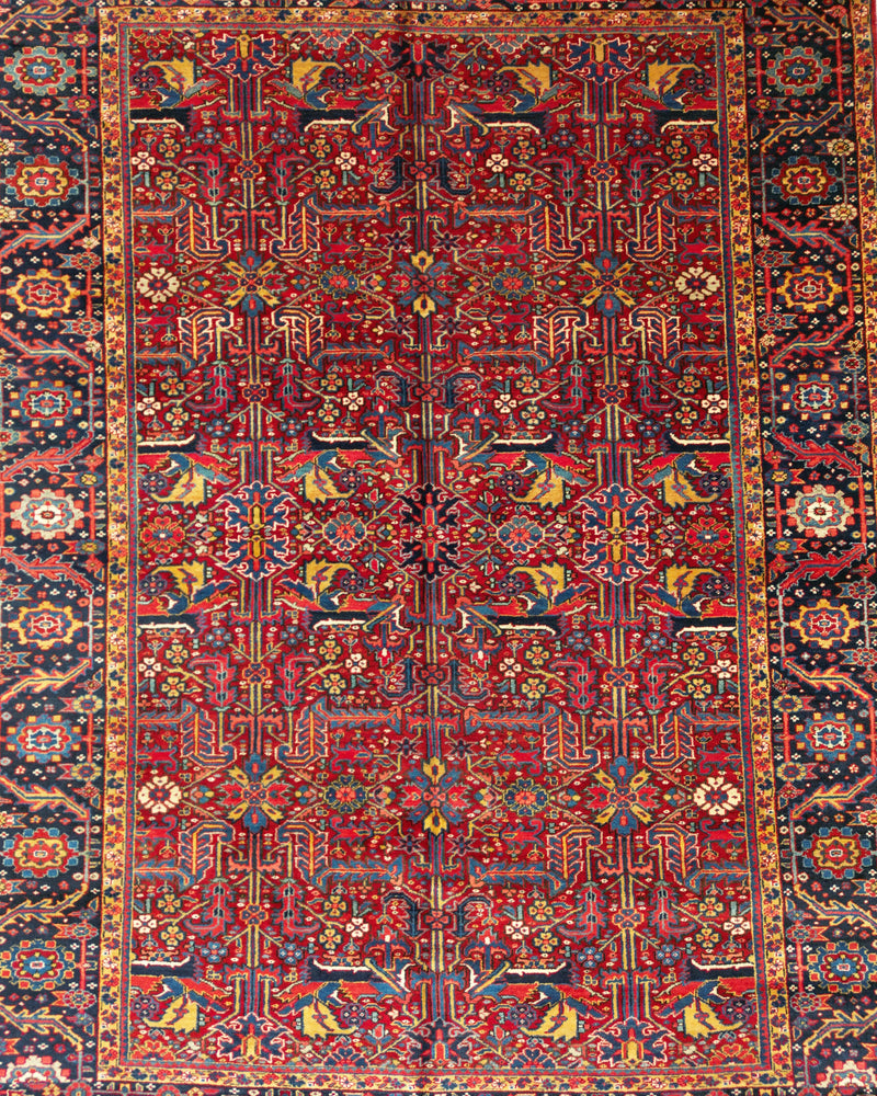 Vintage Persian Heriz Rug Circa 1940 | 8' 0" X 11' 1" | No-Medallion | Red & Black Colours | Tribal Production