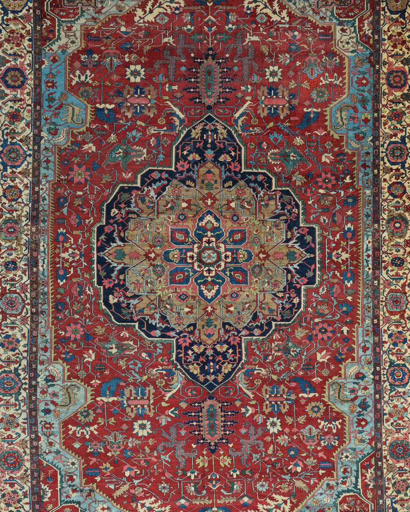 Antique Persian Serapi Heriz Rug Circa 1880 | 14' 5" X 23' | Multicolour Jewel Tones | Geometric Design | Tribal Production