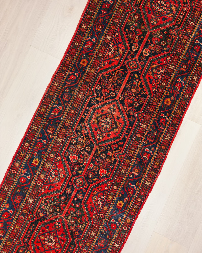 Antique Persian Malayar Runner Rug Circa 1900 | 2' 12" X 16' 1" | Geometric Design | Red & Navy-Blue Colours | Tribal Production