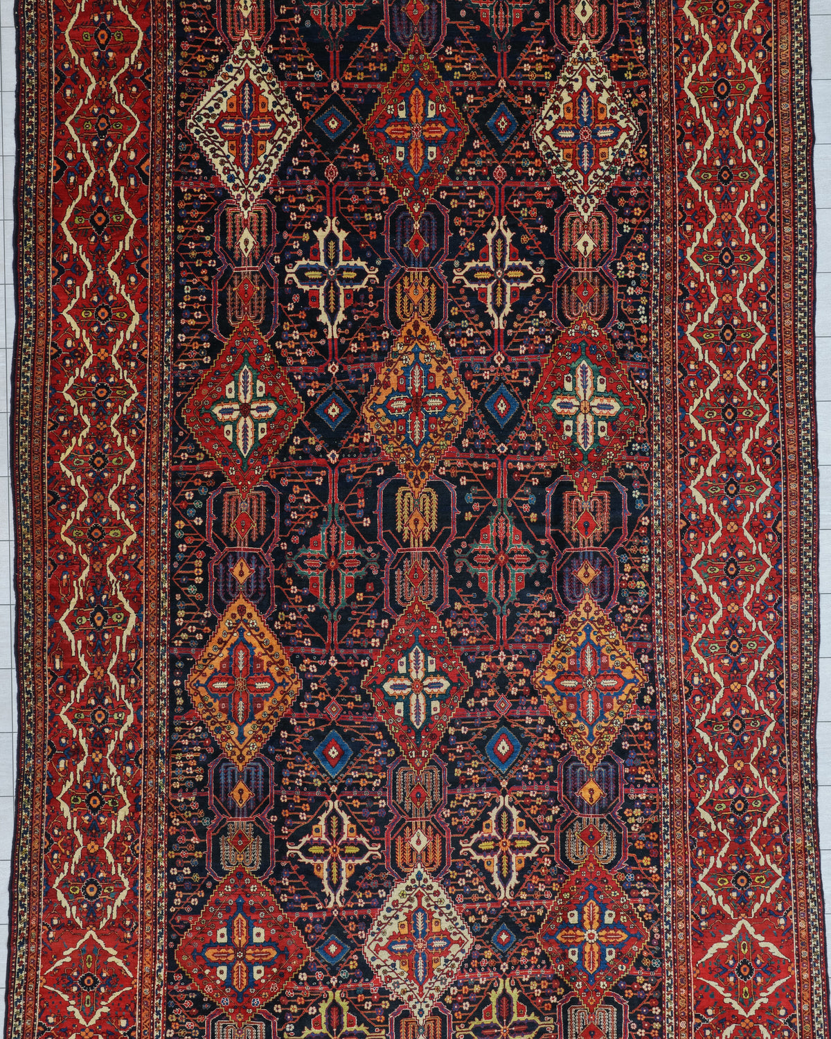 Antique Bakhtiari Shalamzar Rug Circa 1890 | 12' 5" X 22' 8" | Multicolour | Geometric Design | Tribal Production