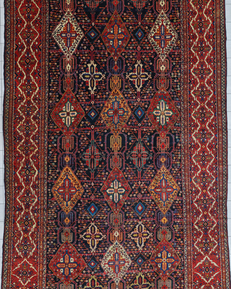 Antique Bakhtiari Shalamzar Rug Circa 1890 | 12' 5" X 22' 8" | Multicolour | Geometric Design | Tribal Production