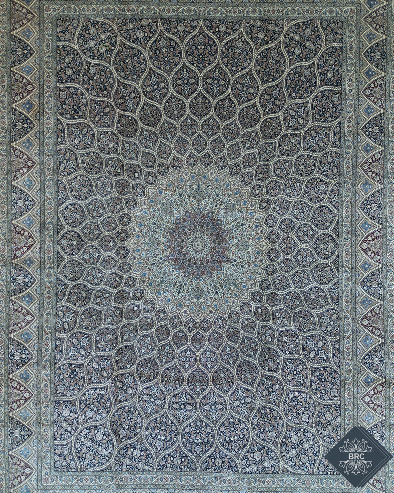 Persian Naeen Rug | 10' 1" X 14' 5" | Gonbad/Dome Design | Blue & White Colours | Wool & Silk | Extremely Fine | Urban Production